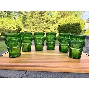 Vintage Wheaton Emerald Green Bullseye Tumbler Starburst Bottom Glass~Set Of 6